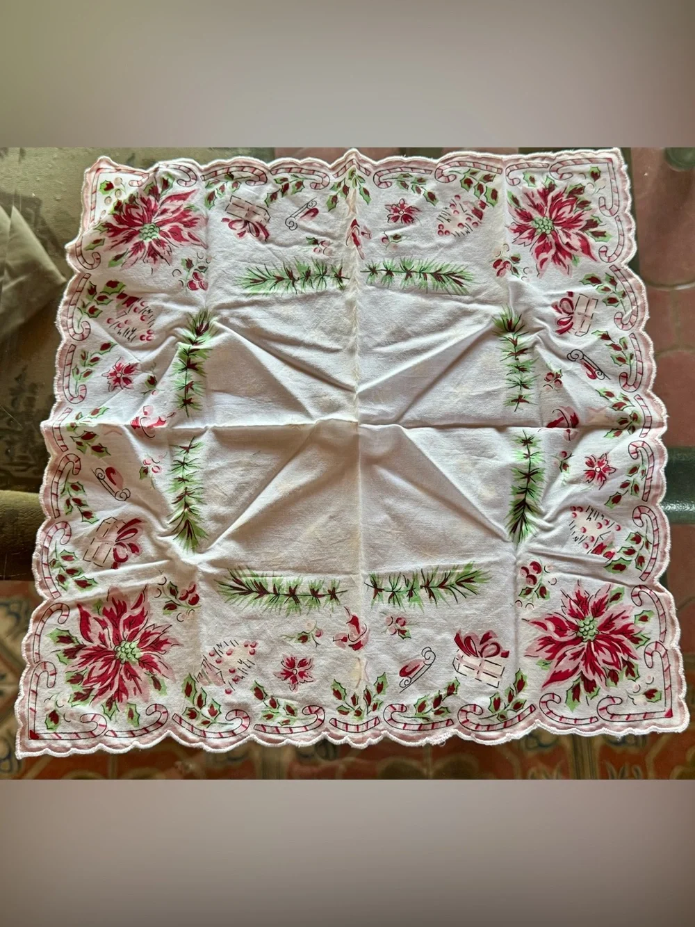 Vintage MidCentury Holiday poinsettia Hankie And 1980 Stencil Fabric Panel Nice